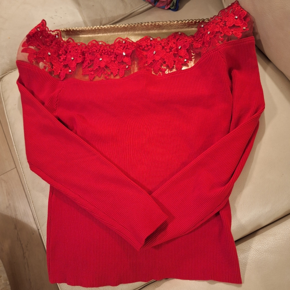 Boston Proper Women's lace/rhinestone embellished sweater size large true red